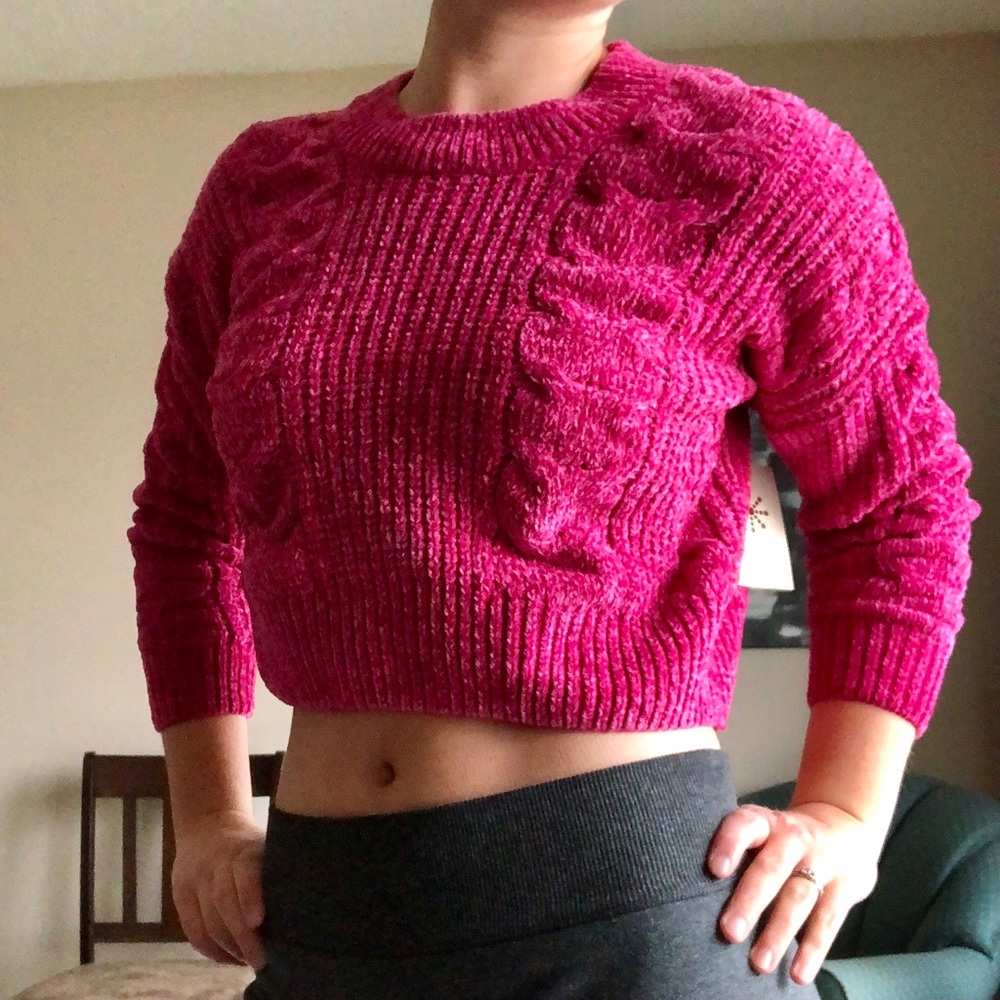 Pink Plush Cropped Sweater by Luv Lane. Super Cozy and Stylish!